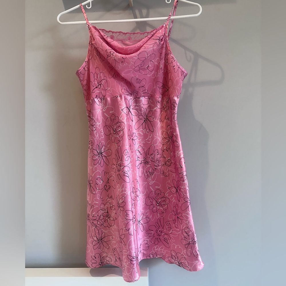 Satin Pink Cowl Neck Slip Mini Dress, size S